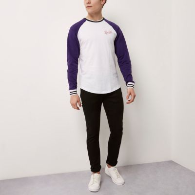 White and purple social print baseball top